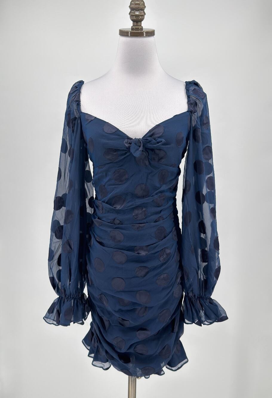 For Love & Lemons Lula Midnight Navy Blue Polka Dot Ruched Mini Dress Sz S